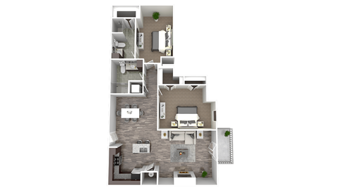 Floor plan for 2 beds, 2 baths, 1227 sqft